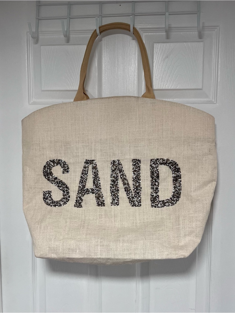 Canvas Tote Bag with 'SAND' Lettering - Cream with Tan Handles 19”x16”